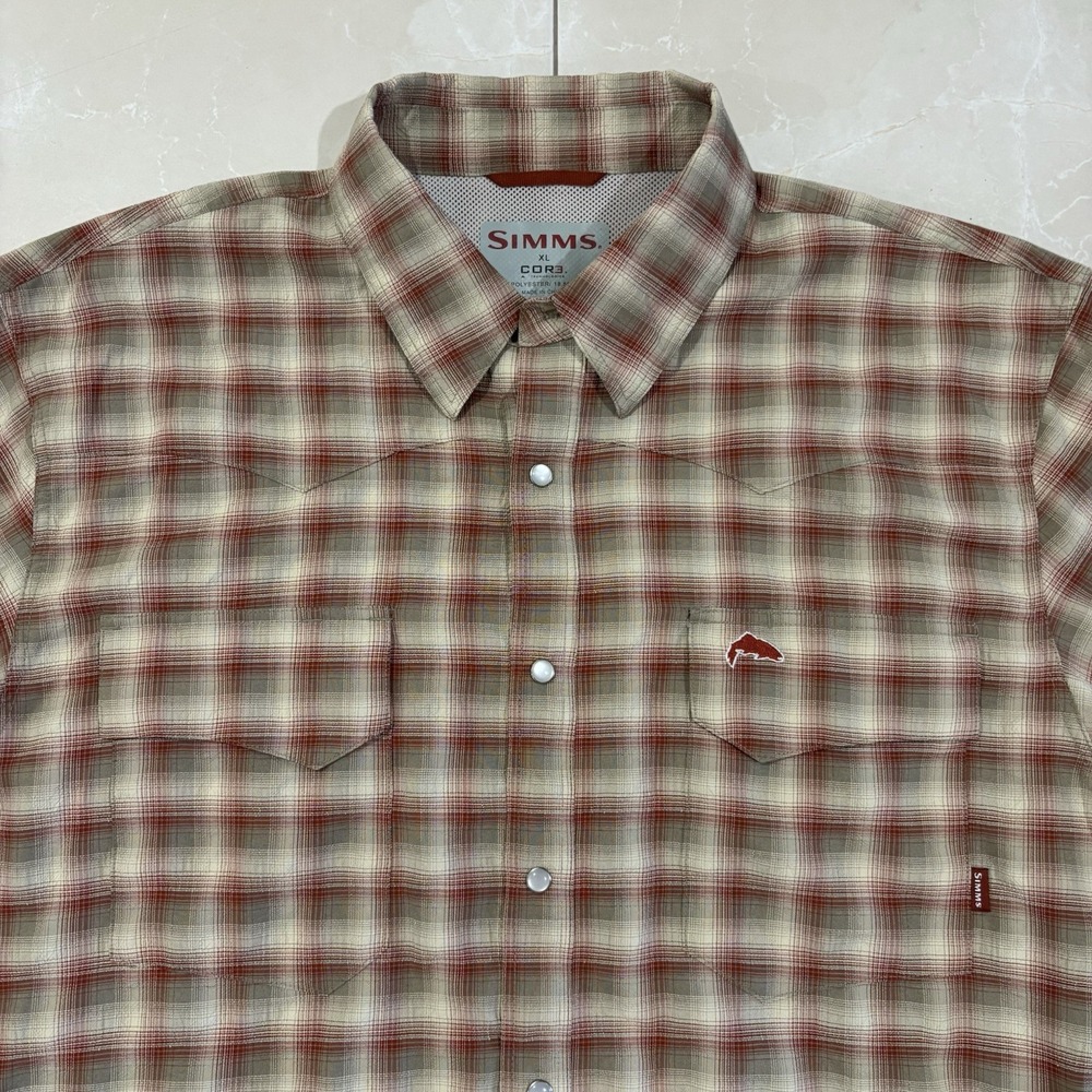 Simms XL Mens Large Cor3 Fishing Button Up Long Sleeve Vented Fish Plaid Shirt